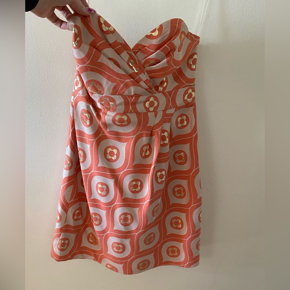 Tibi New York Coral/Gold/Beige Art Deco Print Strapless Mini Dress - SIZE 4